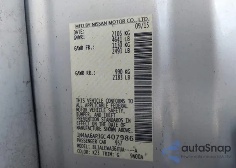 2016 Nissan Maxima 3.5 Sl z USA, uszkodzony, nr VIN 1N4AA6AP3GC407986